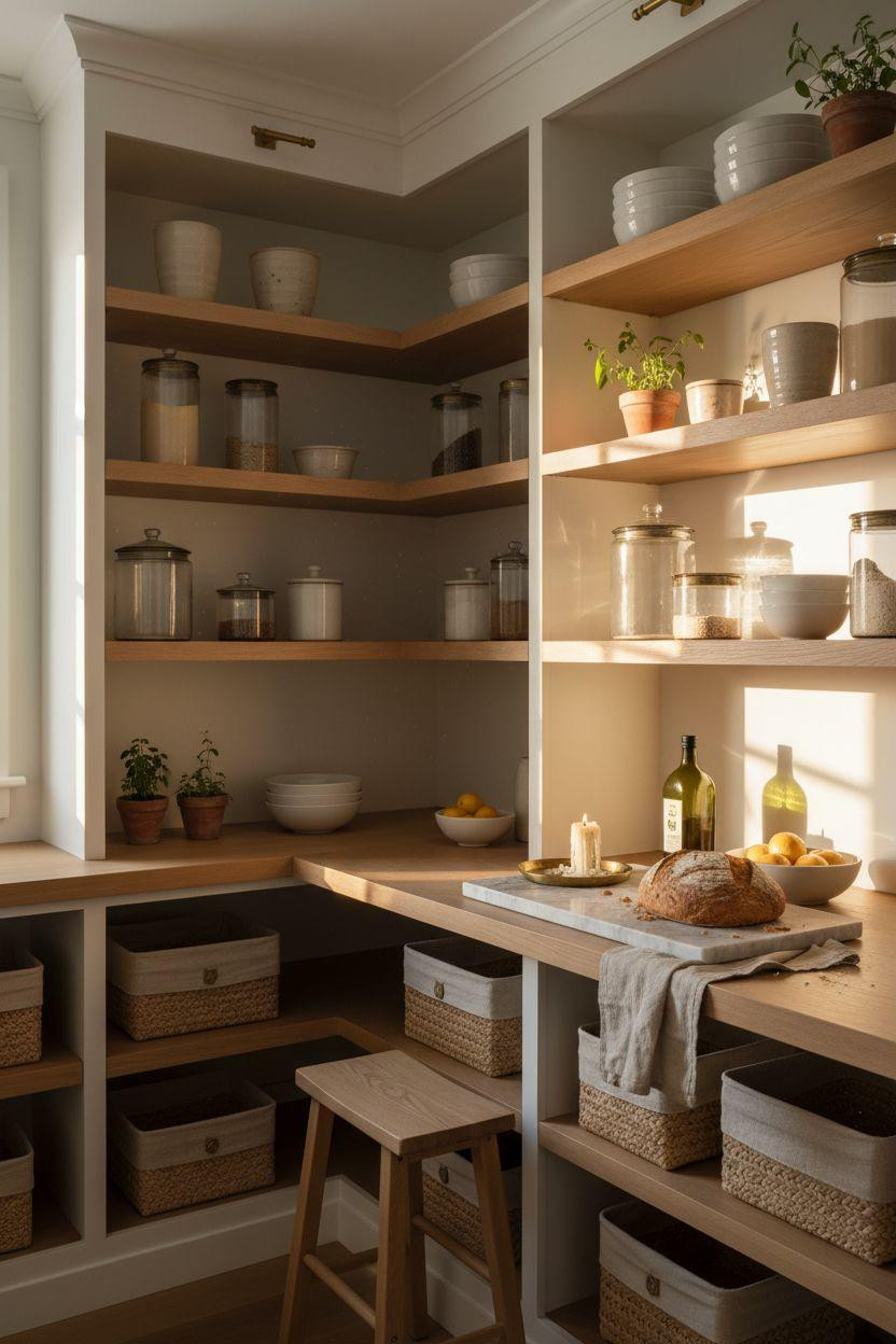 Bloxburg Pantry Ideas - coastal pantry with white oak and brass