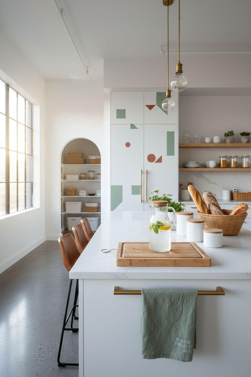 Bloxburg Pantry Ideas - white kitchen with sage and terracotta decals