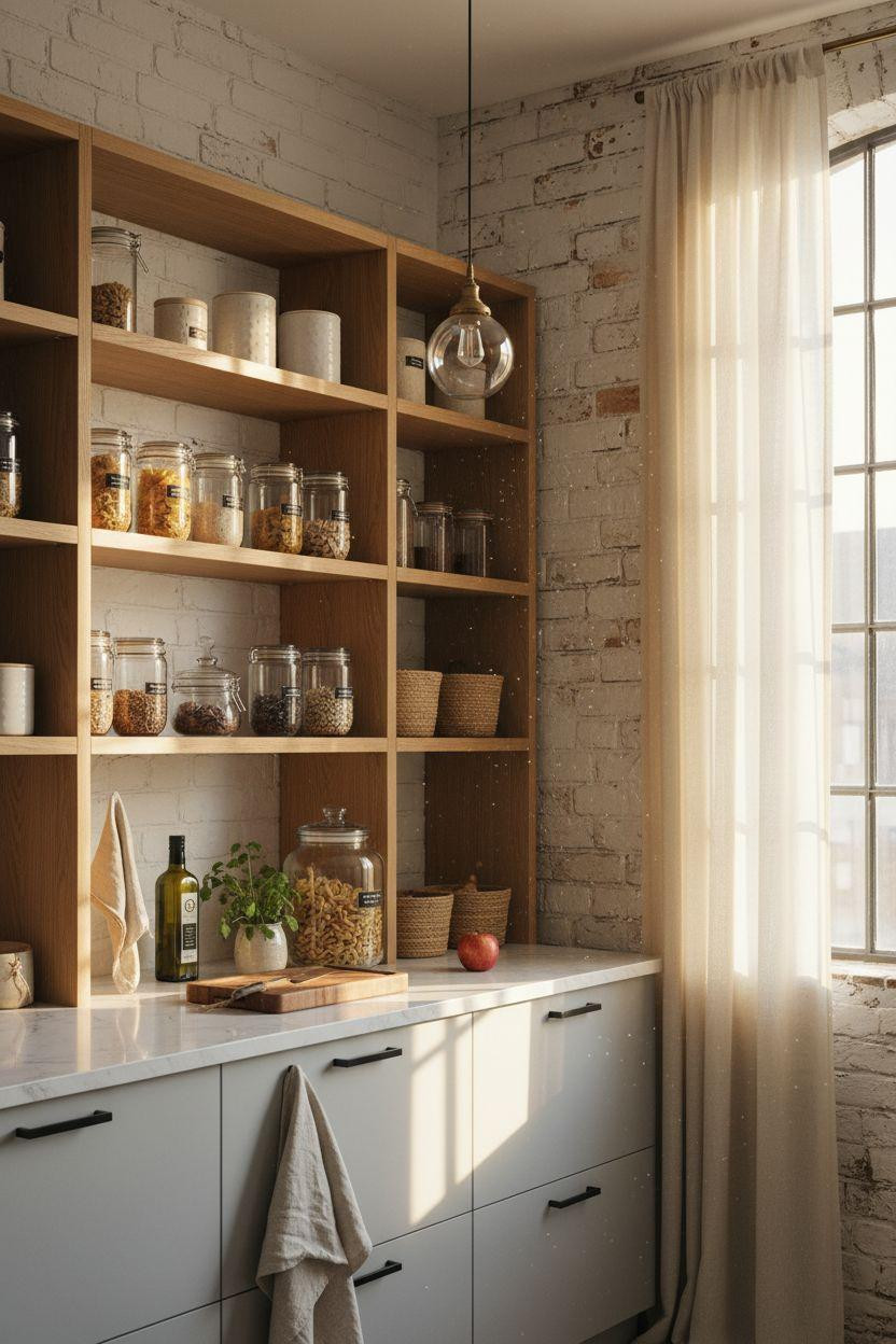 Bloxburg Pantry Ideas - Scandinavian pantry with gray and oak