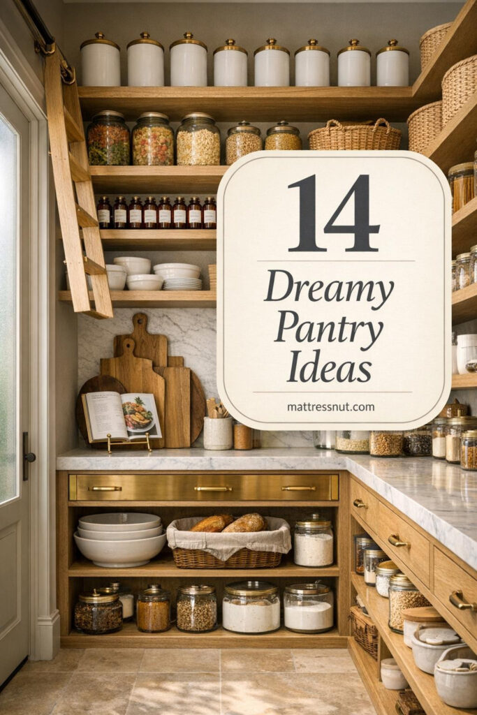 Organized pantry with floor-to-ceiling white oak shelving, marble countertop, brass hardware, white ceramic canisters, and woven baskets