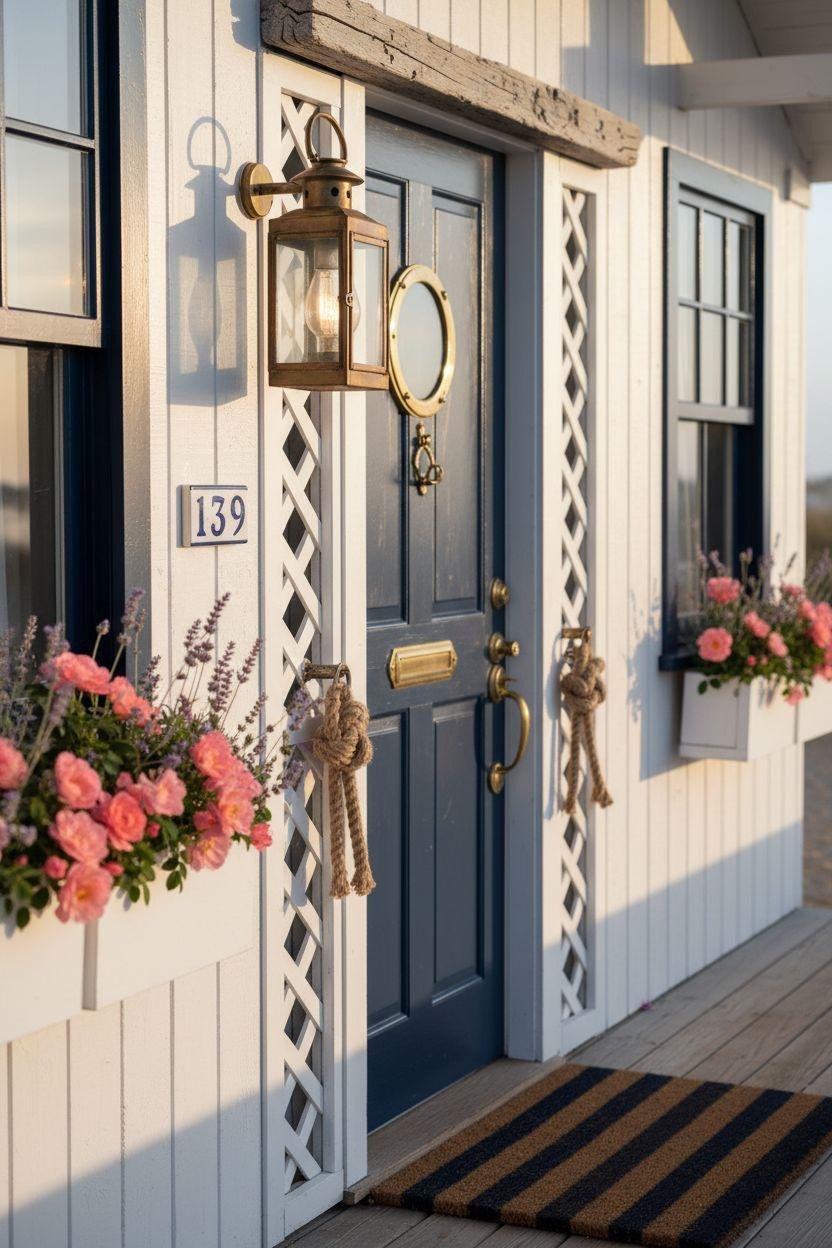 Bloxburg Summer House Ideas - white cottage exterior with blue door