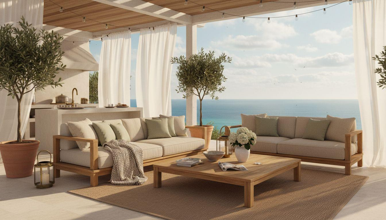 Bloxburg Summer House Ideas - travertine patio with outdoor furniture