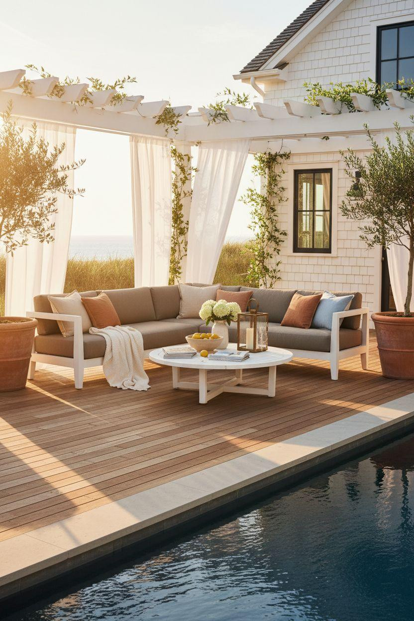 Bloxburg Summer House Ideas - wooden deck with pool and seating