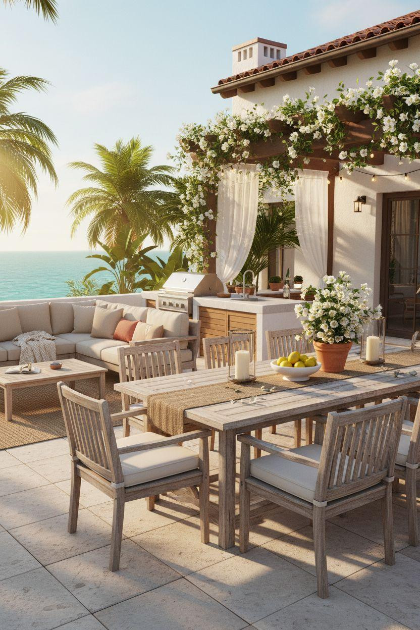 Bloxburg Summer House Ideas - outdoor dining area with plants