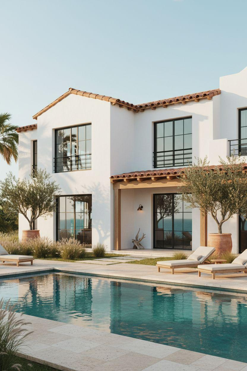 Bloxburg Summer House Ideas - white stucco exterior with pool