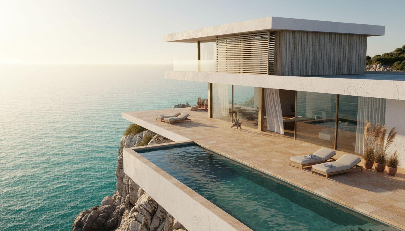 Bloxburg Summer House Ideas - contemporary home with pool on hillside