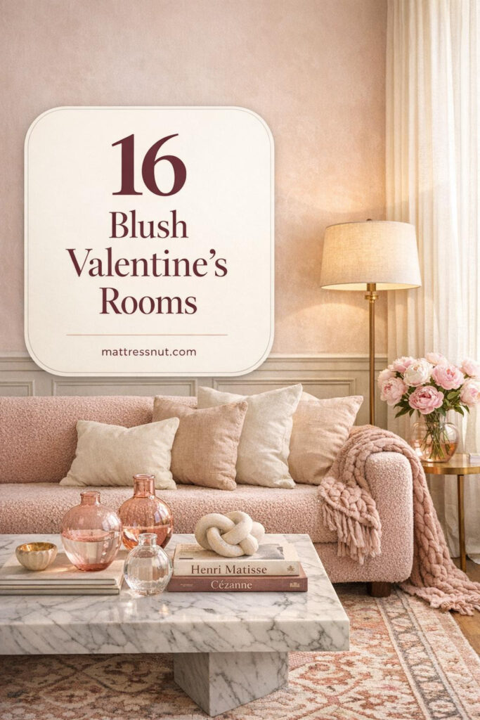 Sophisticated living room with blush pink walls, rose boucle sofa, marble coffee table, brass lamp, and fresh peonies