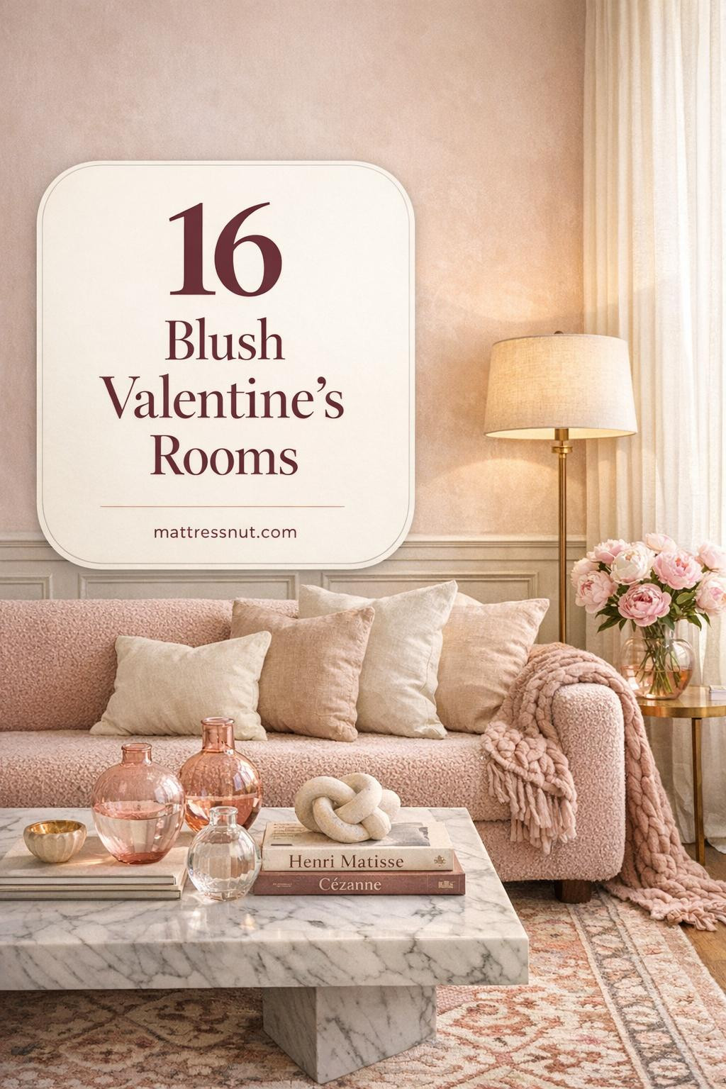 Sophisticated living room with blush pink walls, rose boucle sofa, marble coffee table, brass lamp, and fresh peonies
