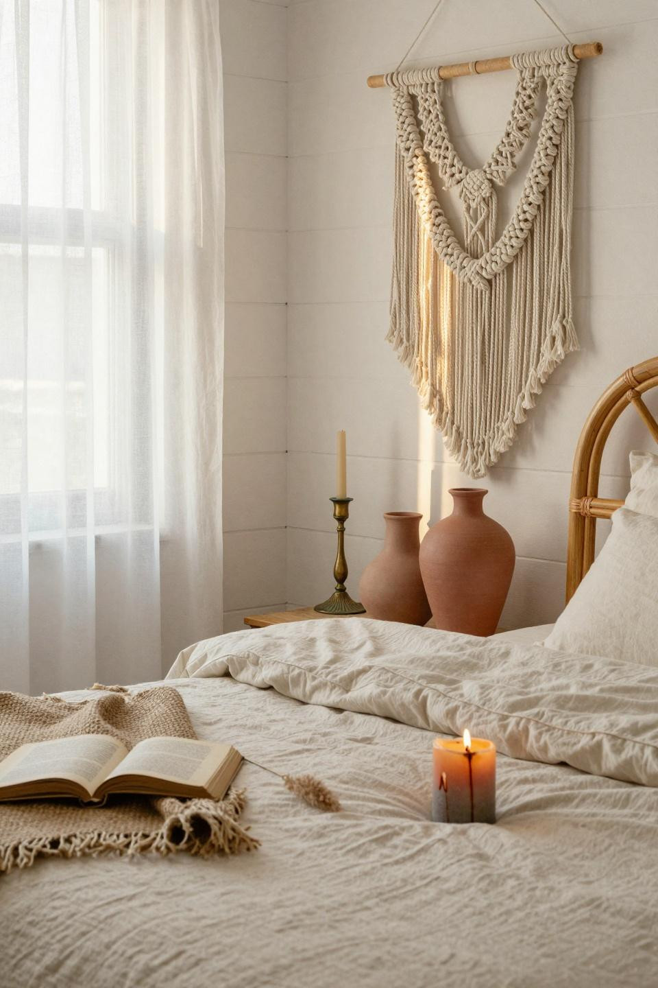 Boho coastal bedroom macramé wall hanging with detailed knots and textures