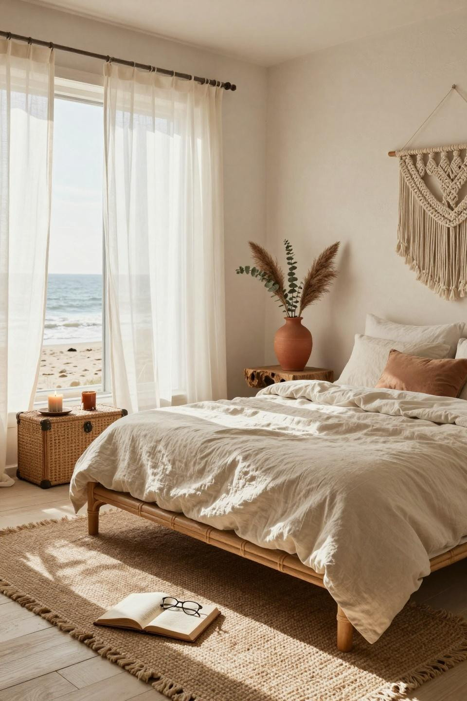 Boho coastal bedroom with morning sunlight and Belgian linen bedding