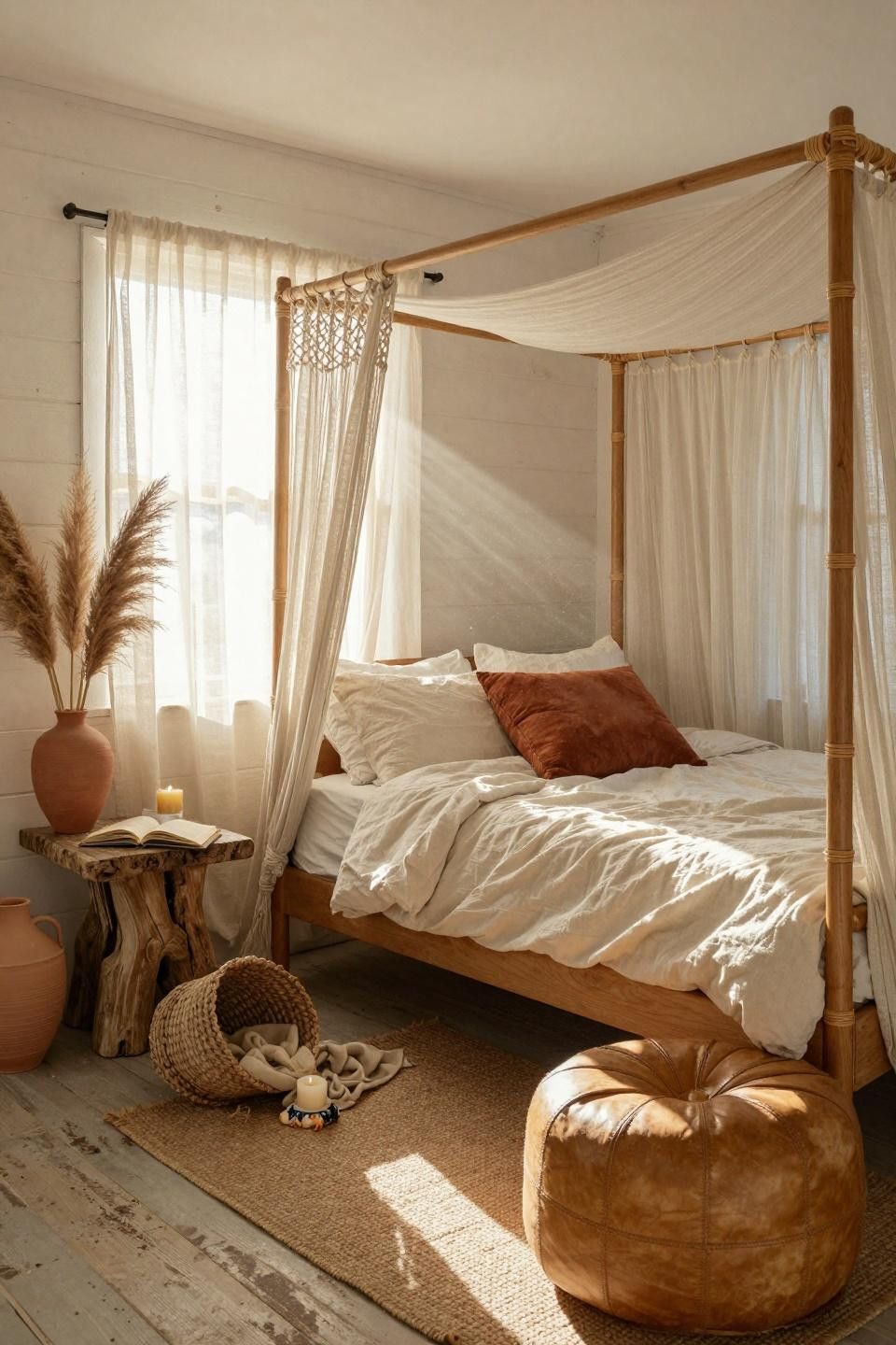 Boho coastal bedroom with rattan four-poster bed and macramé canopy