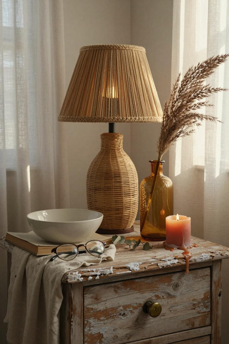 Boho coastal bedroom nightstand with rattan lamp and dried pampas grass