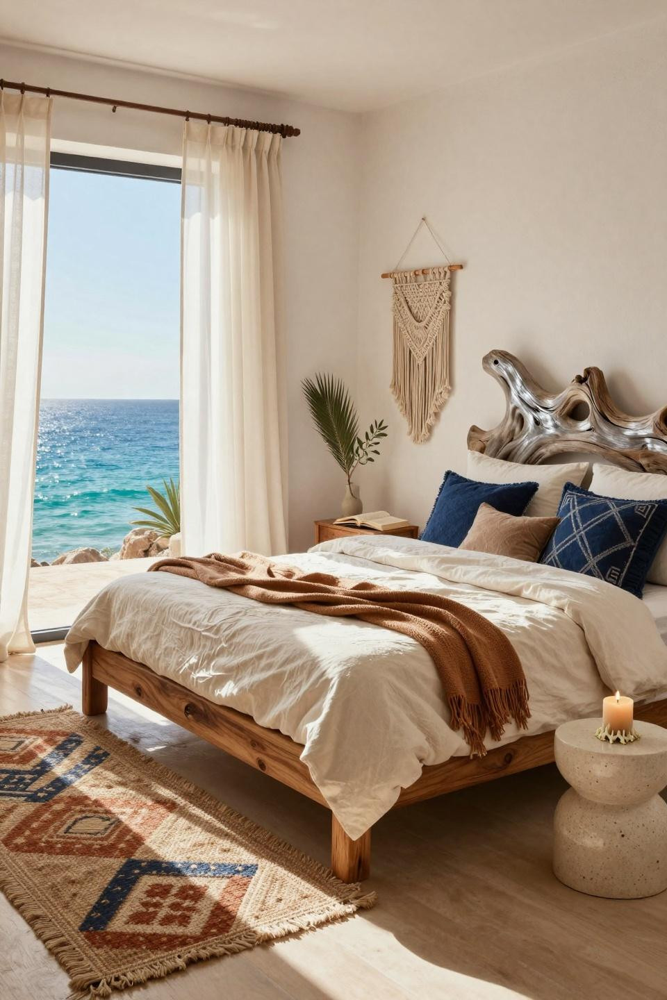 Boho coastal bedroom with whitewashed walls and Mediterranean light
