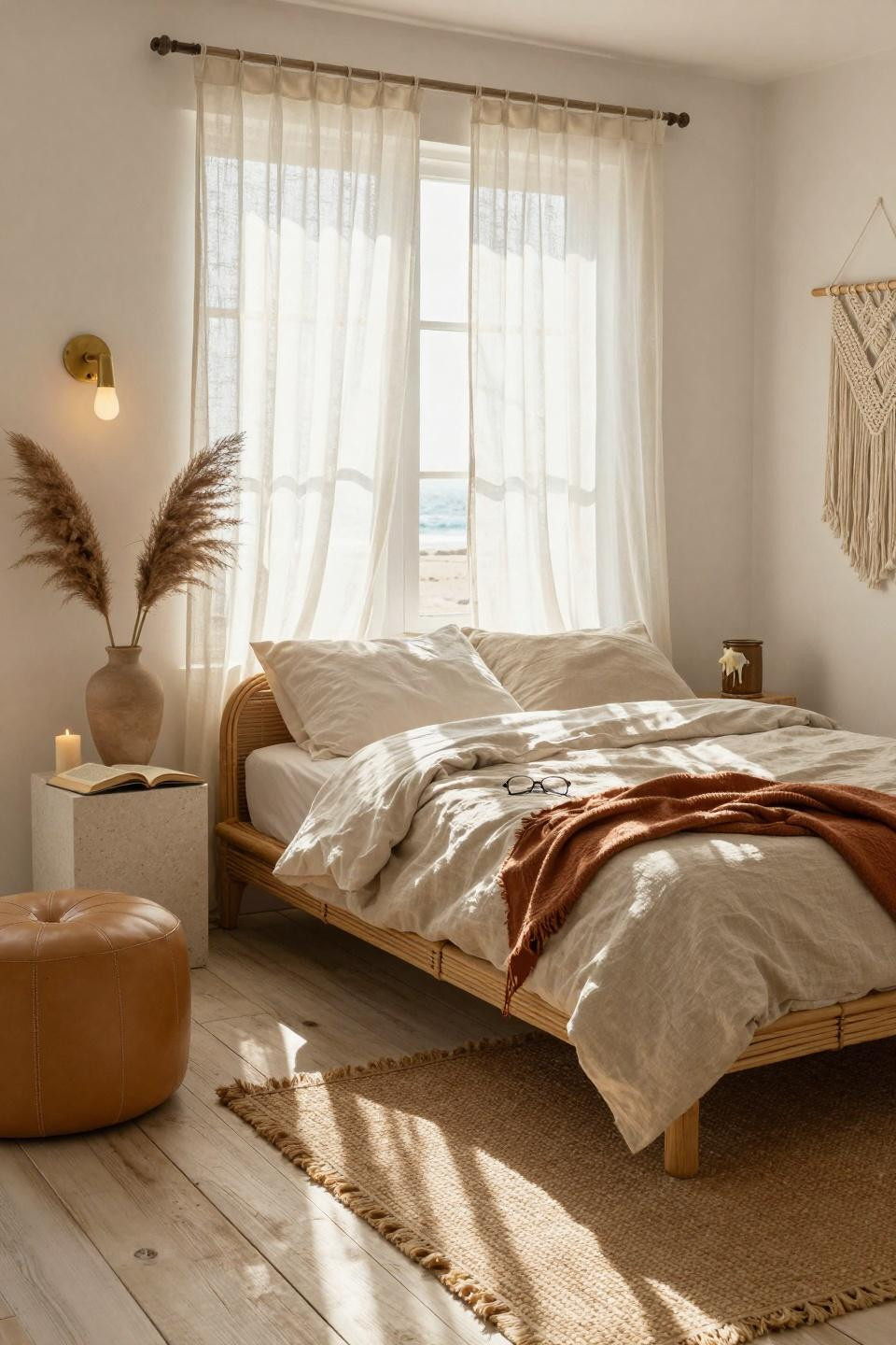 Boho coastal bedroom with low rattan platform bed and morning sunlight