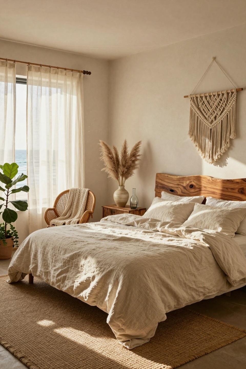 Boho coastal bedroom with pampas grass shadows and textured walls