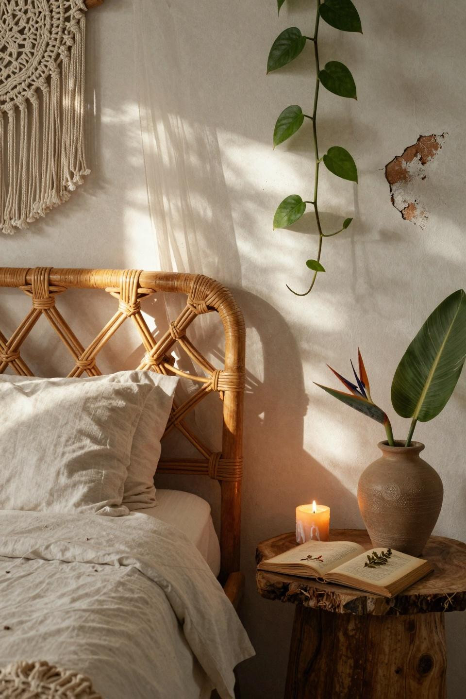 Boho coastal bedroom with tropical plant and beeswax candle details