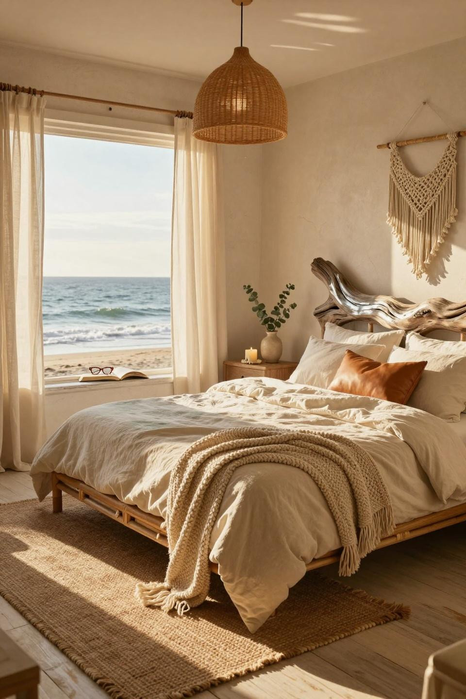 Boho coastal bedroom with large driftwood headboard and ocean views