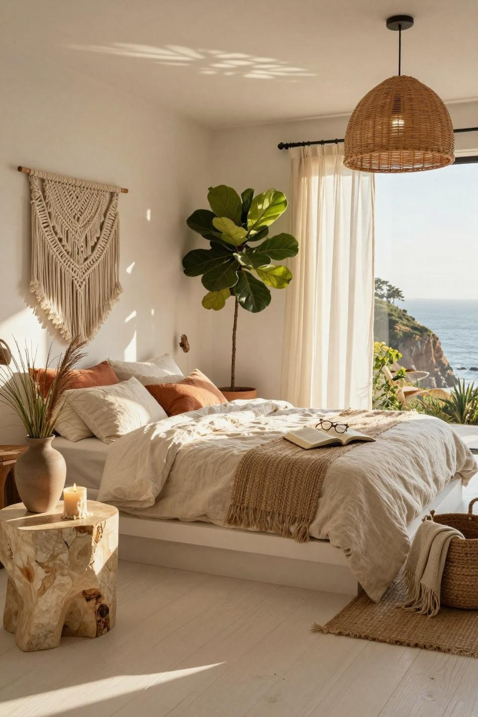 Boho coastal bedroom with sage green and terracotta color accents