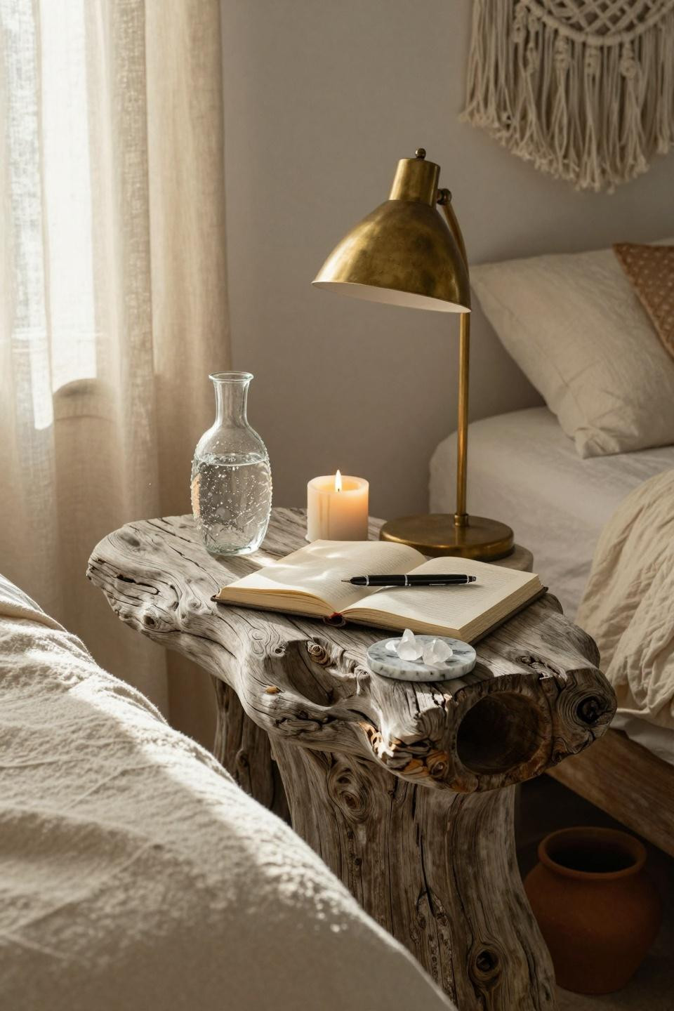Boho coastal bedroom driftwood nightstand with beeswax candle and journal