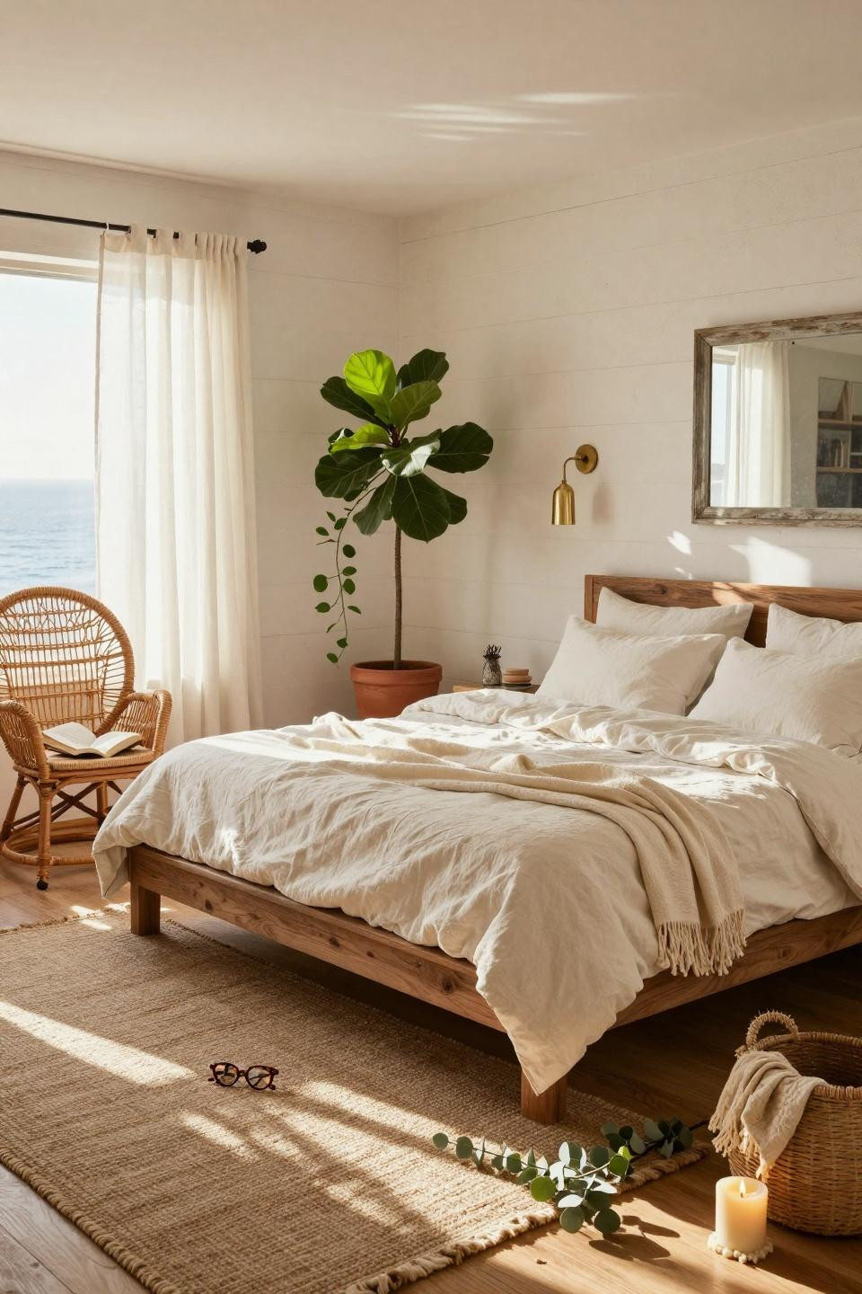Boho coastal bedroom with rattan peacock chair and indoor plants