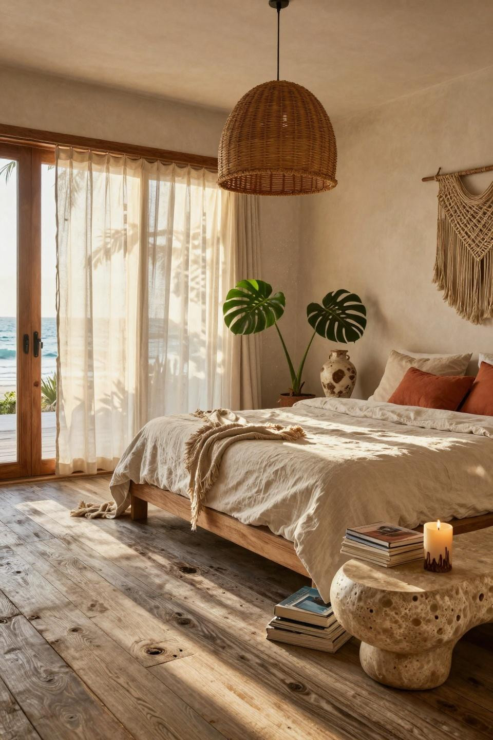 Boho coastal bedroom with reclaimed driftwood floors and natural textures