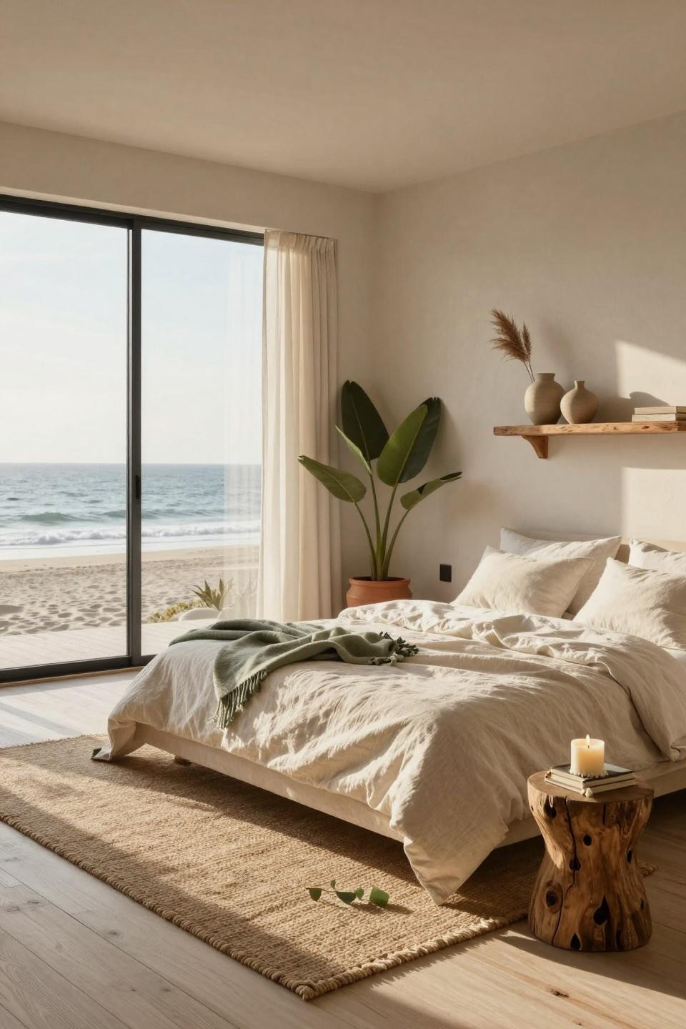 Boho coastal bedroom with minimalist design and expansive ocean windows