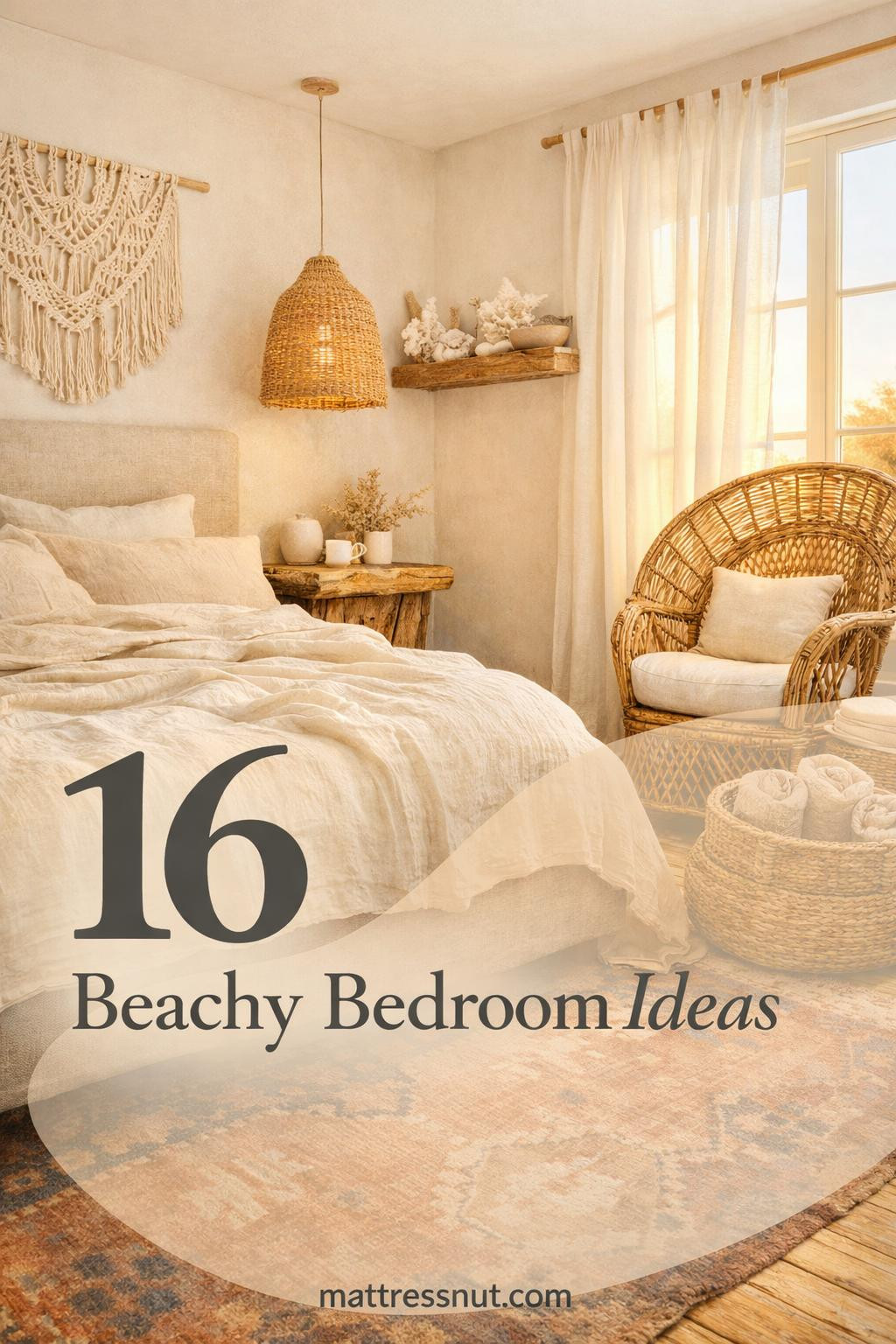 Airy bedroom featuring natural linen bedding, driftwood accents, woven textures, neutral tones, and coastal-inspired decor