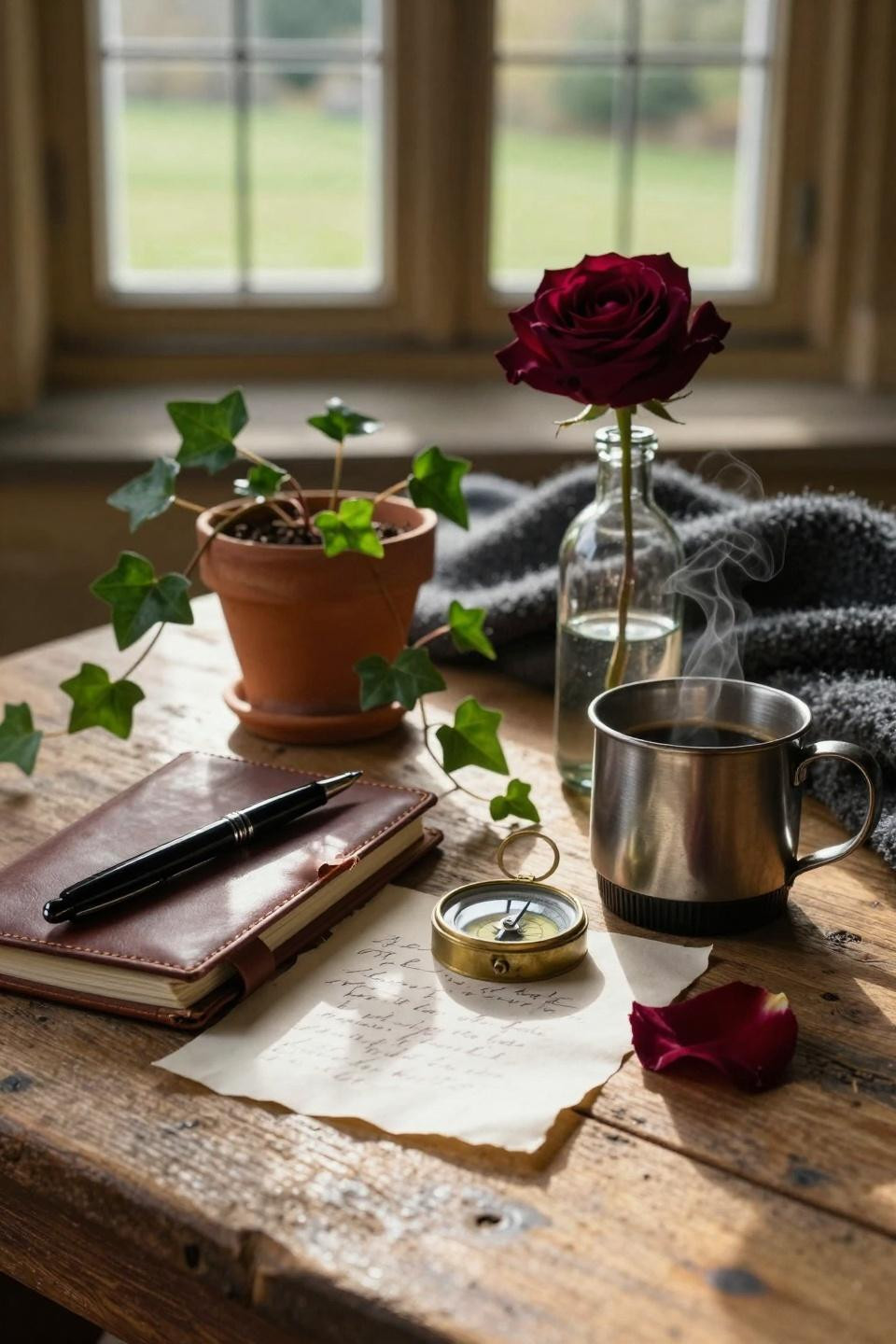 Valentines Day Decorations - masculine gift styling with plants and leather