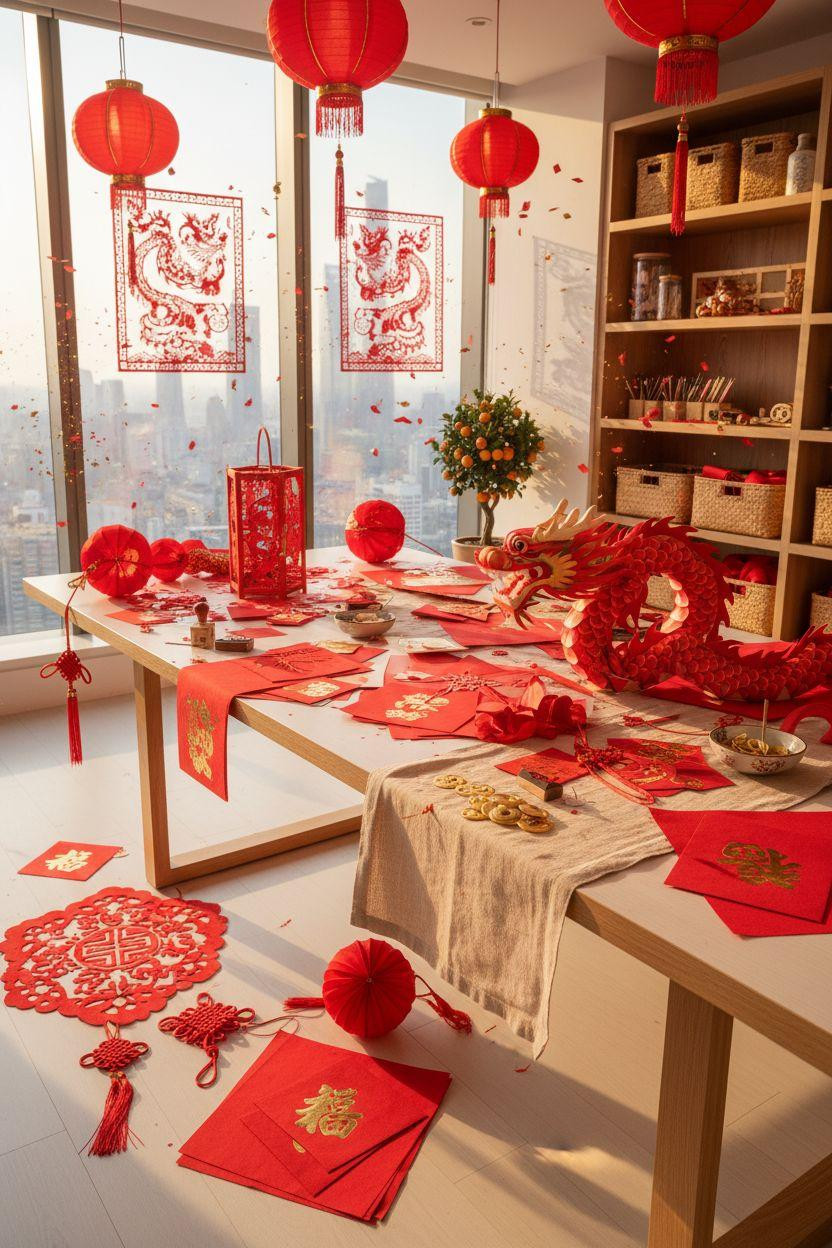 Chinese New Year crafts - family craft table with dragon