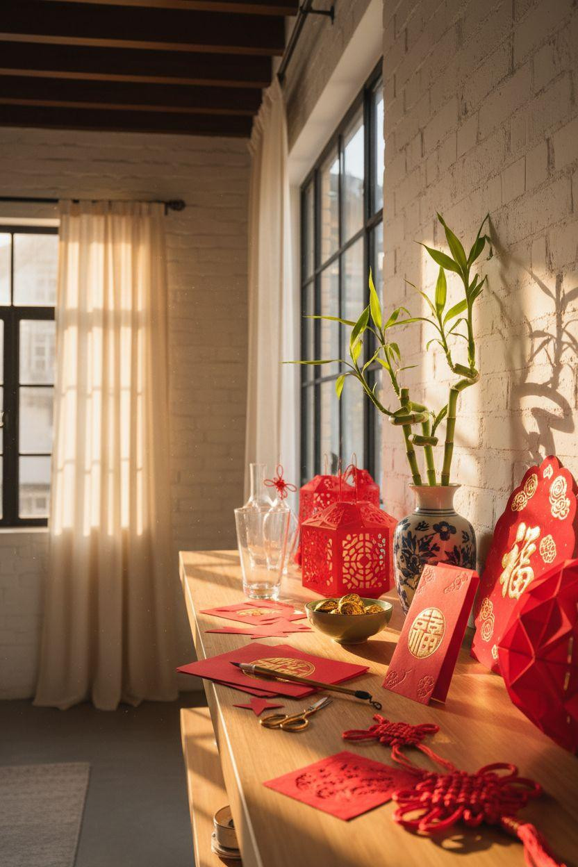 Chinese New Year crafts - red envelopes on bamboo shelf