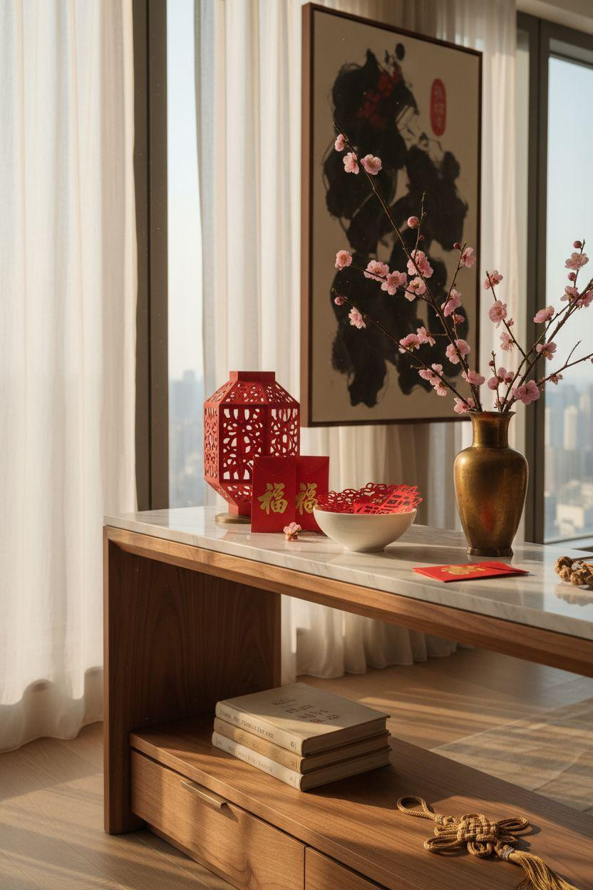 Chinese New Year crafts - minimalist console with paper lanterns