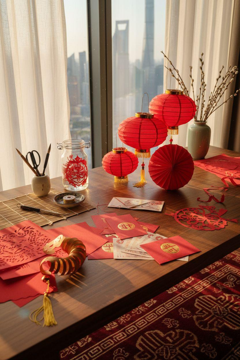 Chinese New Year crafts - DIY paper lanterns on rosewood