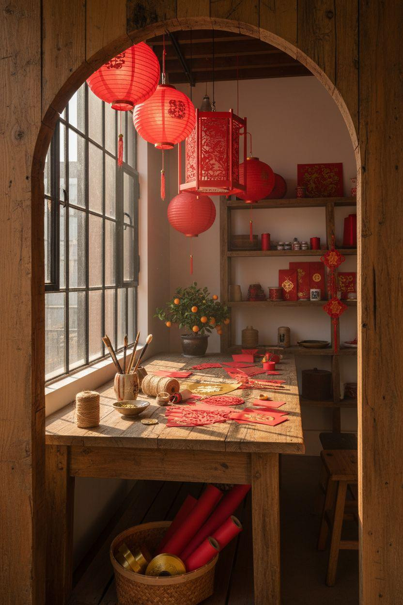 Chinese New Year crafts - craft table with red envelopes