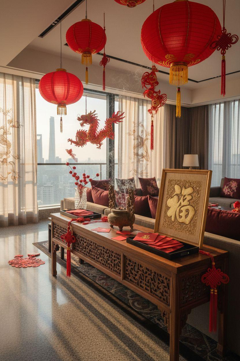 Chinese New Year crafts - living room with red lanterns