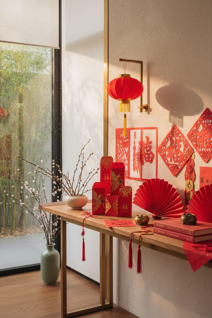 Chinese New Year crafts - red envelopes on walnut console