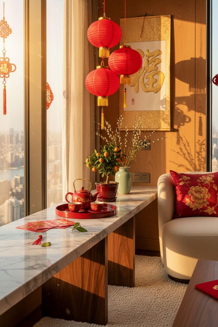 Chinese New Year decorations - walnut console with red lanterns and traditional tea set