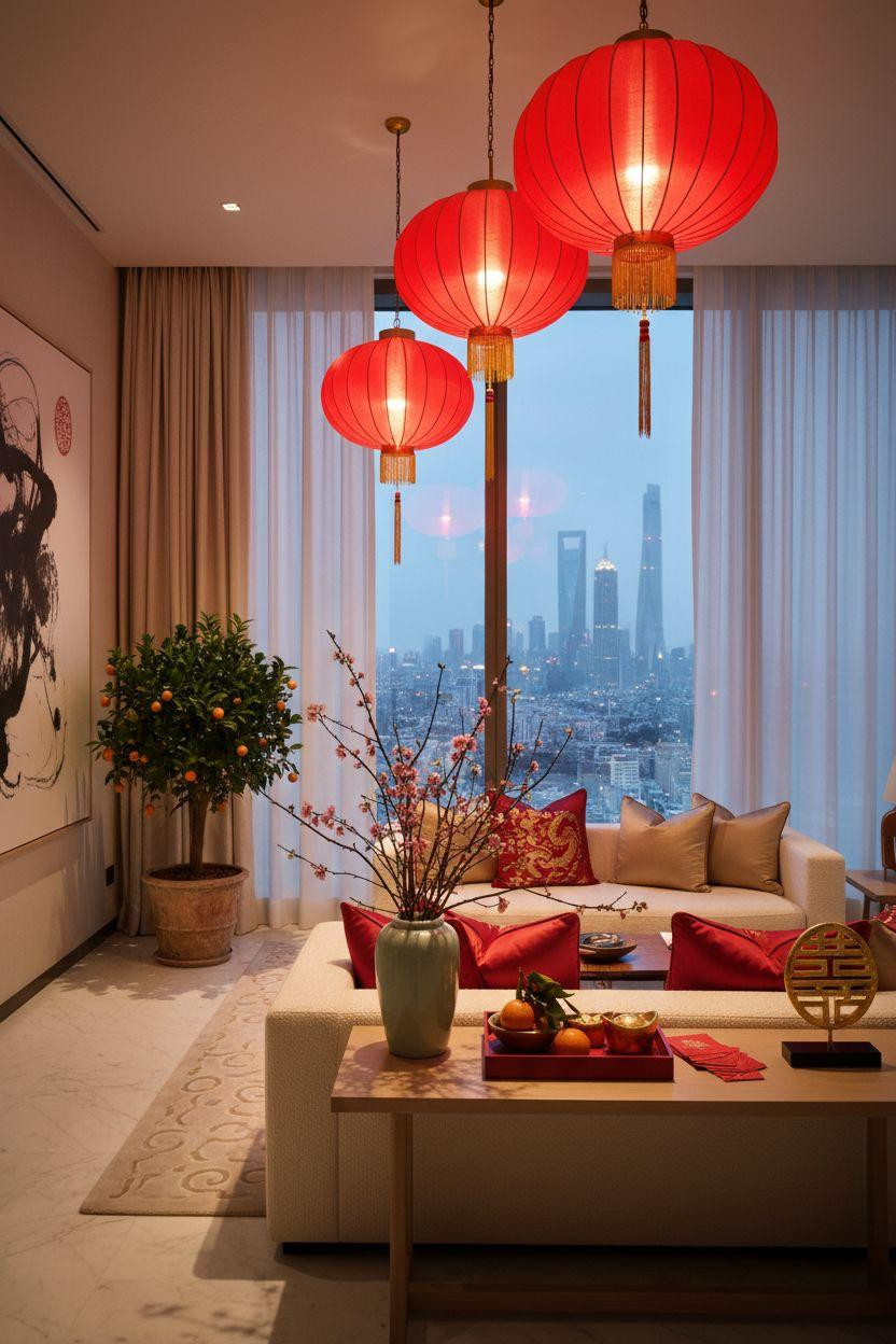 Chinese New Year decorations - white marble console with kumquat tree and red silk accents