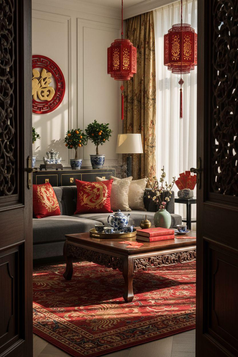 Chinese New Year decorations - crimson velvet sofa with gold scrolls and carved tables