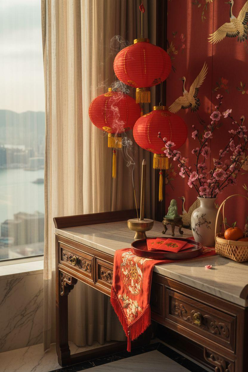 Chinese New Year decorations - black lacquer console with red lanterns and natural branches