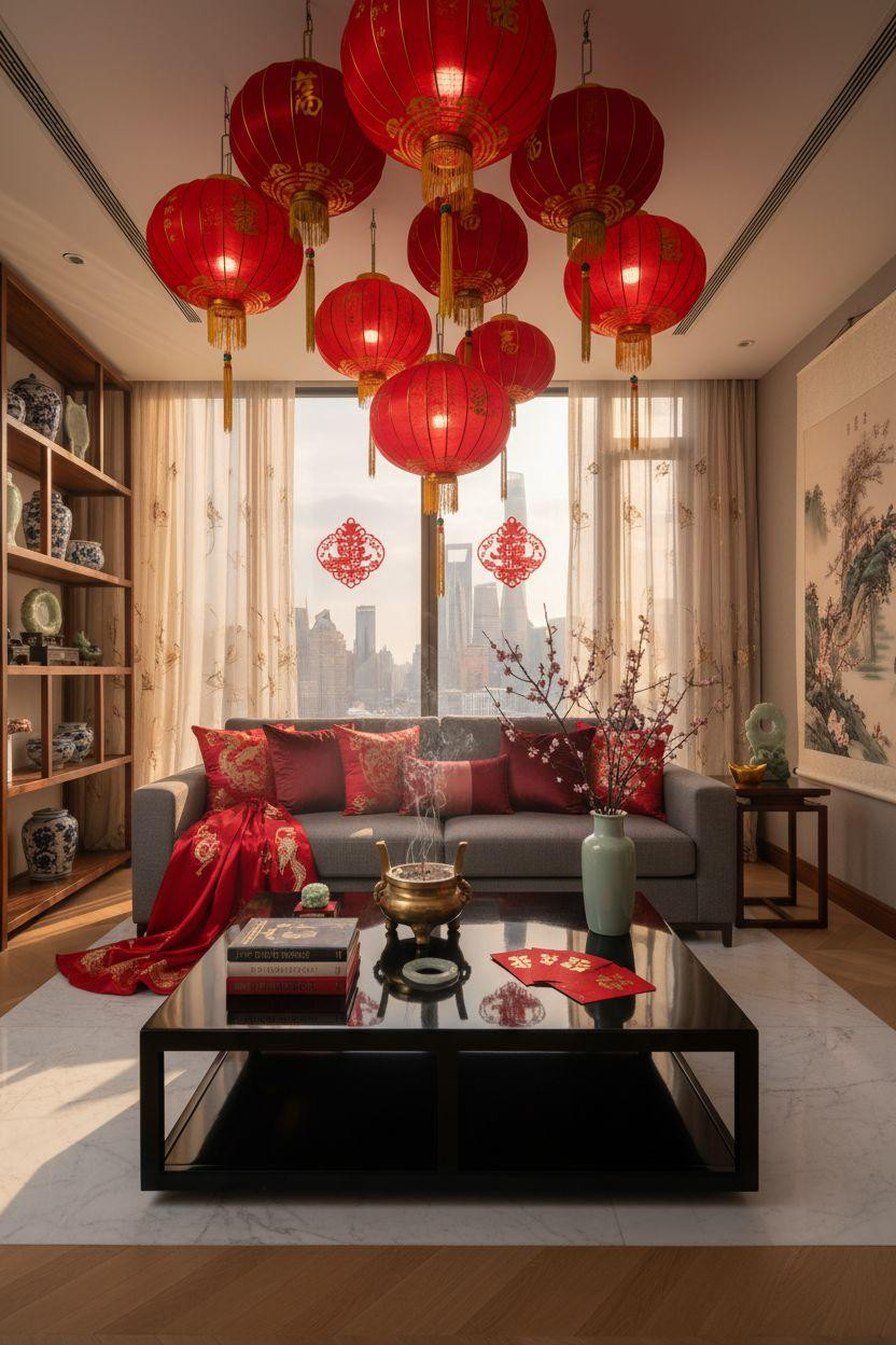 Chinese New Year decorations - red paper lanterns with brass tassels over modern sofa
