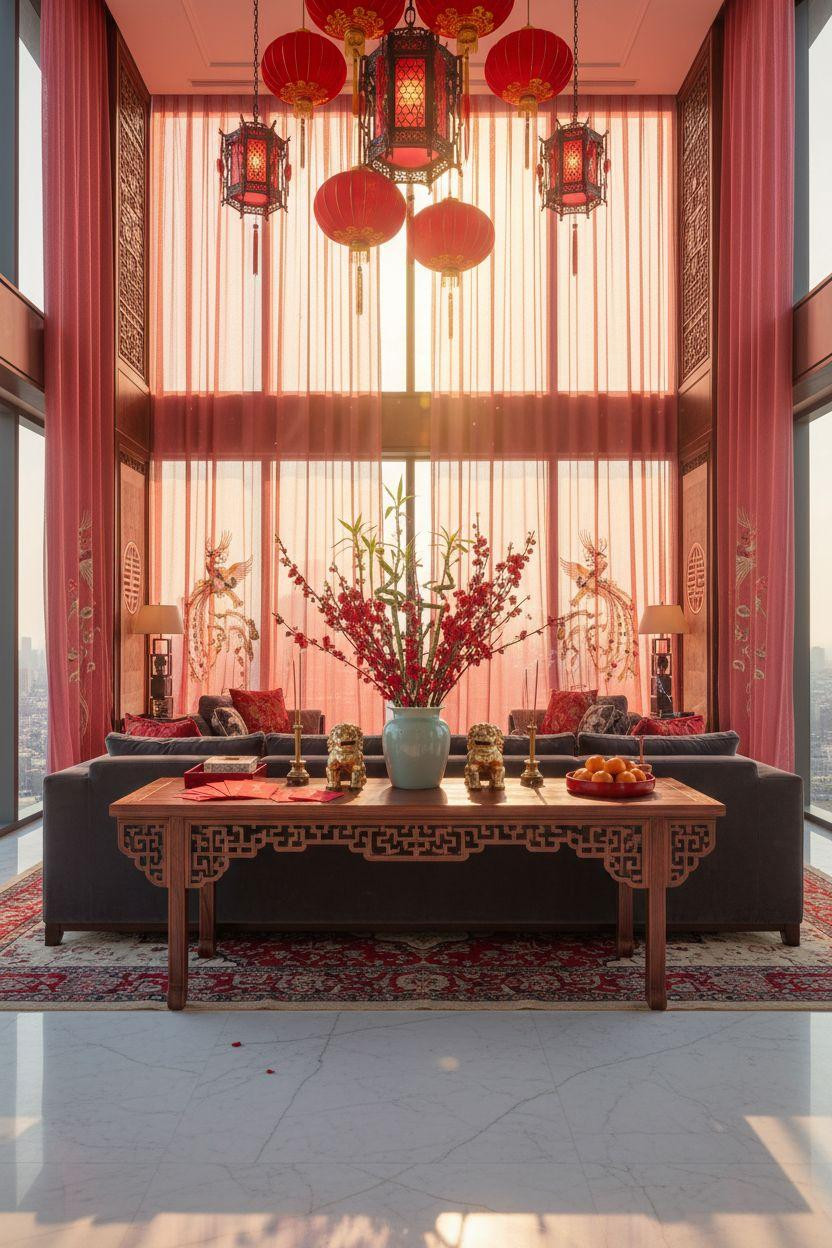 Chinese New Year decorations - grand living room with hanging lanterns and marble surfaces