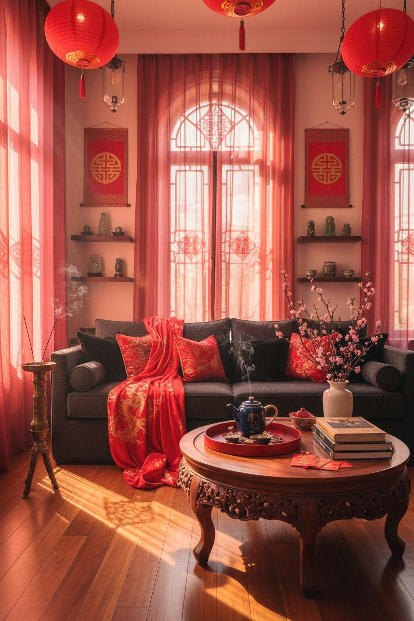 Chinese New Year decorations - rosewood console with silk lanterns and calligraphy scrolls