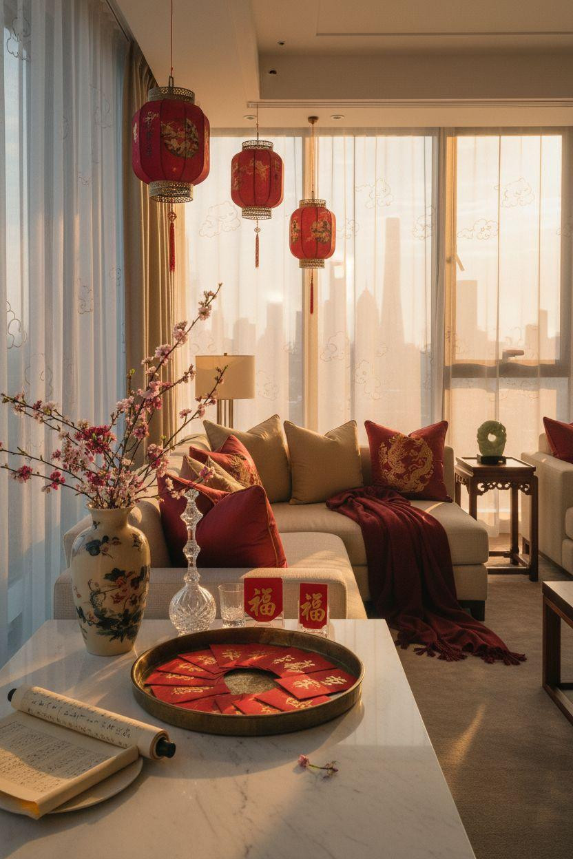 Chinese New Year decorations - charcoal sofa with red cushions and traditional lanterns