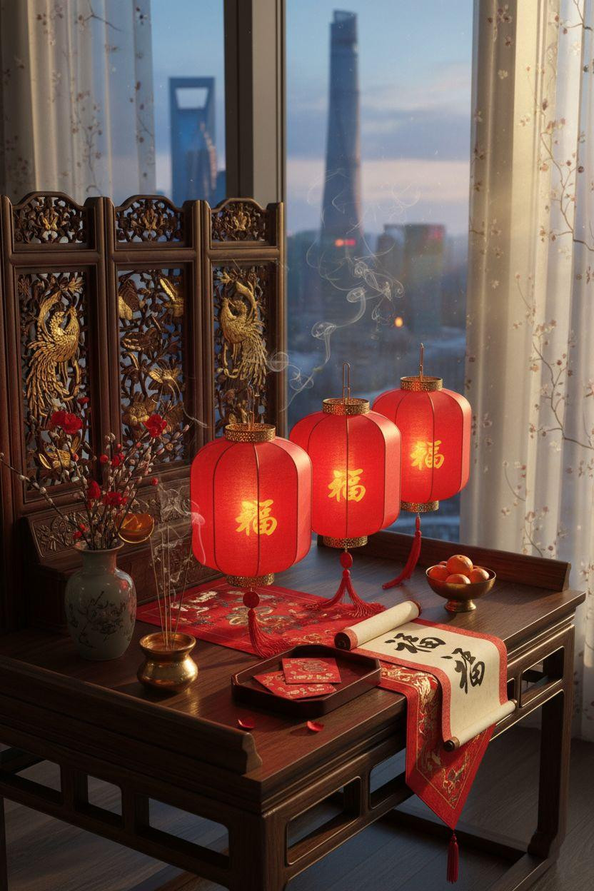 Chinese New Year decorations - cream sofa with hanging red lanterns and floral branches