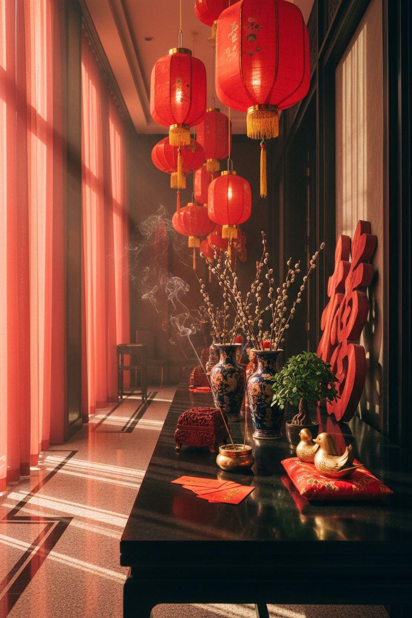 Chinese New Year decorations - brass incense and red lanterns on walnut altar table