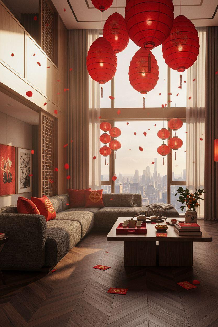 Chinese New Year decorations - charcoal bouclé sofa with red lanterns and walnut surfaces