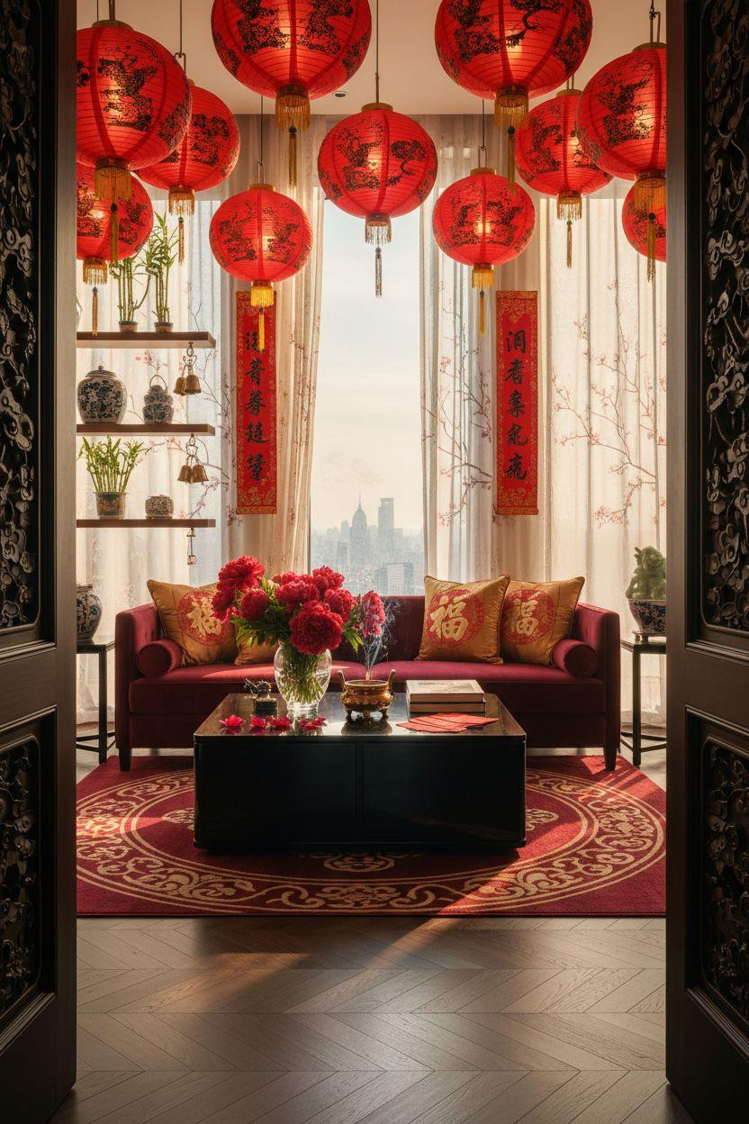 Chinese New Year decorations - red silk curtains with hanging lanterns in modern living room