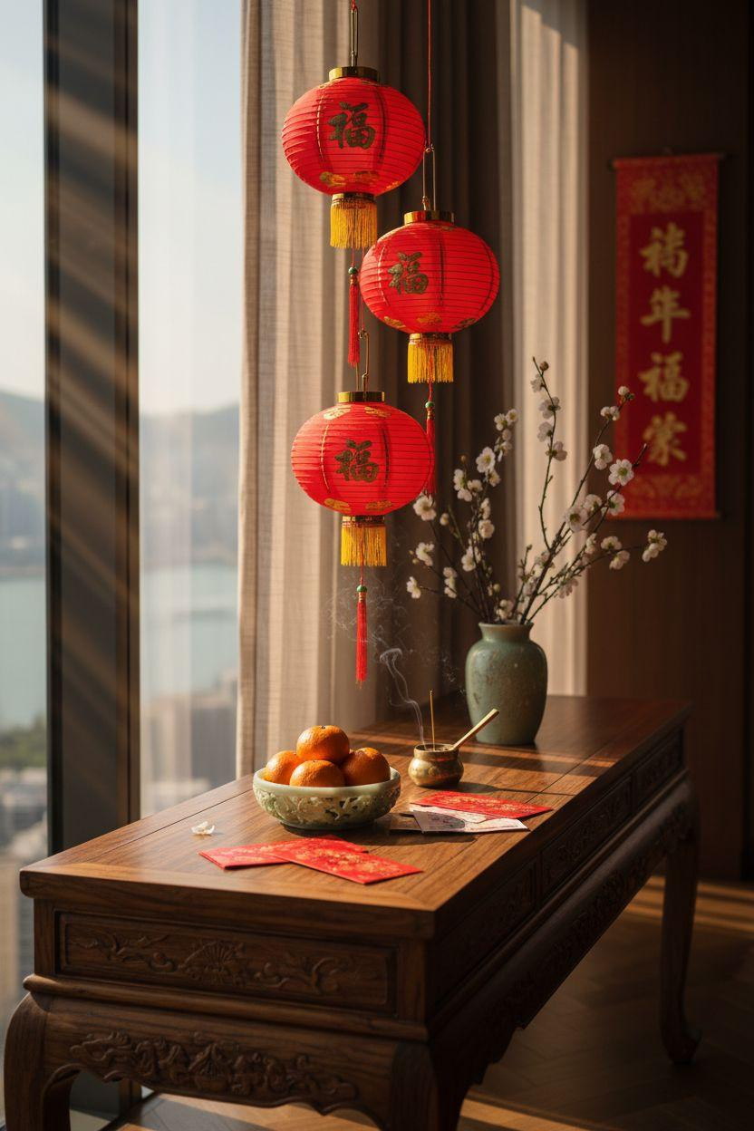 Chinese New Year decorations - traditional altar table with silk lanterns and jade ornaments