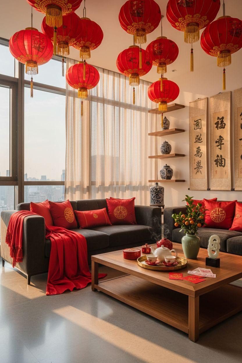 Chinese New Year decorations - red silk lanterns hanging above modern living room