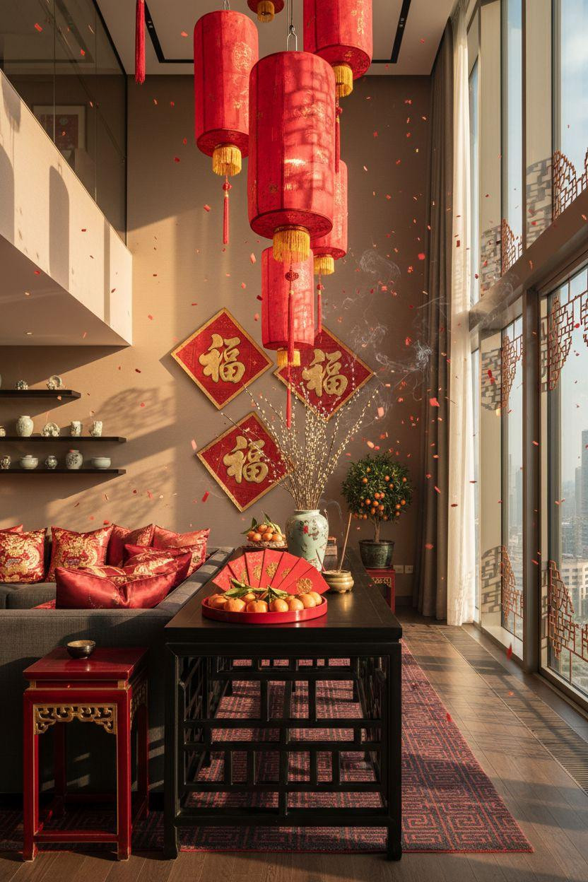 Chinese New Year decorations - cream sectional with red silk cushions and crystal lanterns
